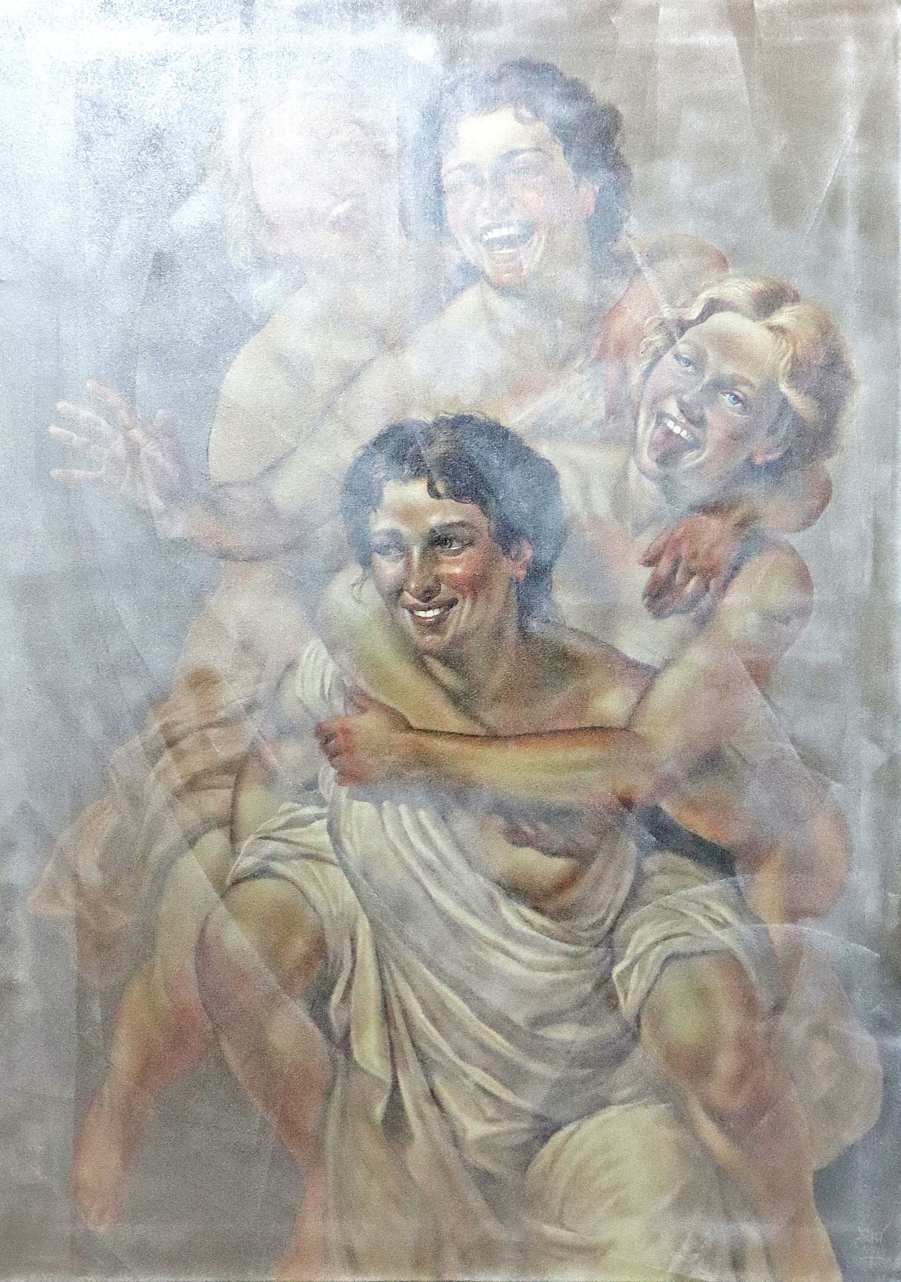 Gemälde „Echo des Augenblicks“ von Drew Camell: Zeitgenössische Fine Art im modernen Renaissance-Stil mit dynamisch überlagerten lachenden Figuren.