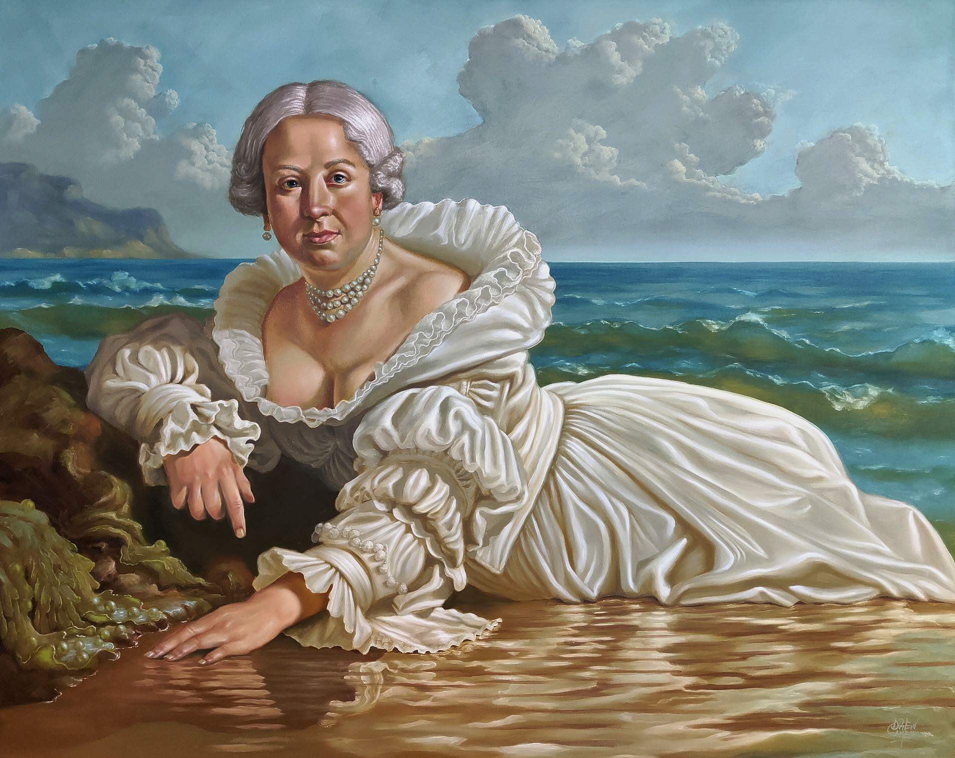 Oelgemaelde 'The Shell' von Drew Camell. Figurative Malerei im Stil des zeitgenössischen Realismus, die eine Frau in barockem weißem Rueschenkleid an einer rauen Felskueste zeigt. Ein anachronistischer Kontrast zwischen historischer Opulenz und Naturgewalt mit dramatischer Lichtstimmung.
Das Gemaelde steht in Frankfurt am Main zum Verkauf und kann bei Drew Camell erworben werden. Neben diesem Werk stehen noch weitere, beeindruckende Werke des Kuenstlers zum Verkauf.