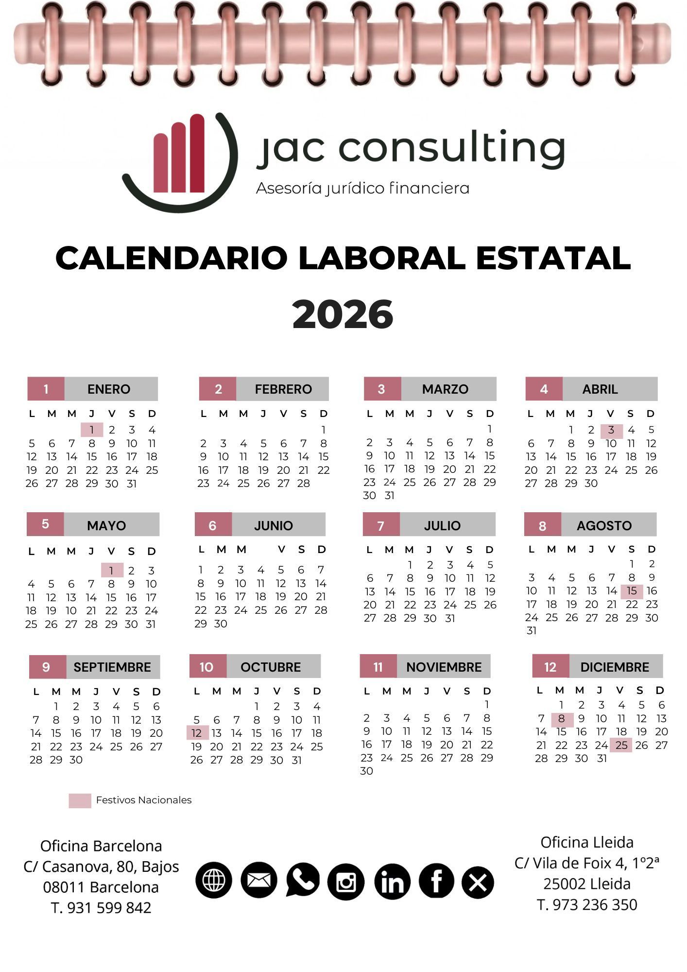 Calendario laboral aciona 2026