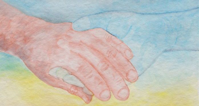 Illustration aus dem Buch Weißt du, wohin die Liebe geht? Ein alter Mann legt vertrauensvoll seine Hand in die Hand eines Engels.