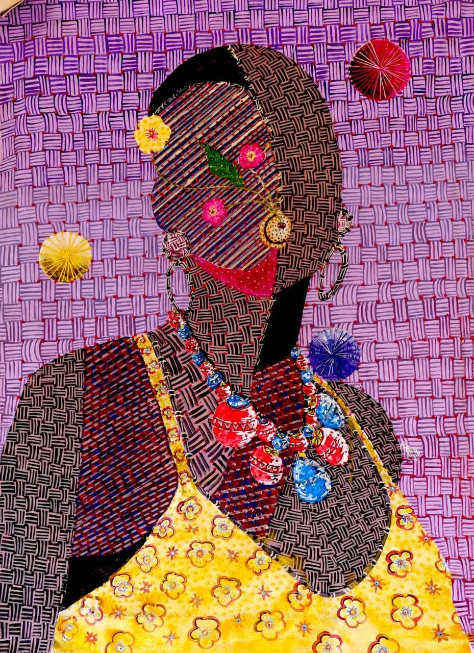 Madame Humble (2021) - Acrylic weaving and cotton embroidery on jeans - 130 x 90 cm