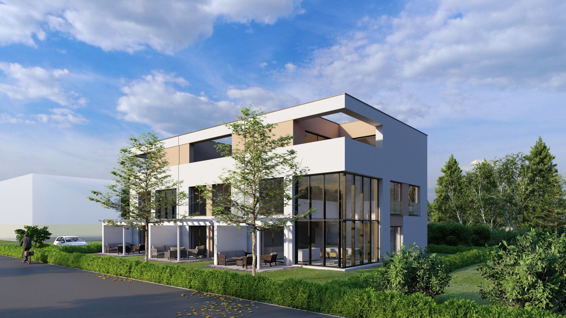 Visualisierung 3D Bauporjekt. Moderne Reihenhäuser in Neu-Ulm Wiley.