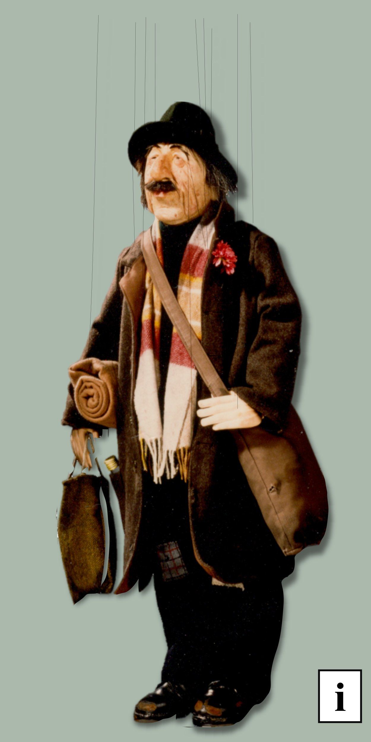 Marionette Berber, Bettler, Tippelbruder
Handgefertigte Marionette ca 75cm gross (ohne Kreuz und Fäden) und 2,2kg leicht