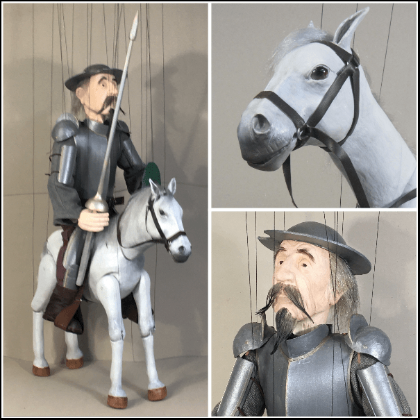 Marionette Don Quijote (Quichote) mit seinem Pferd Rosinante.