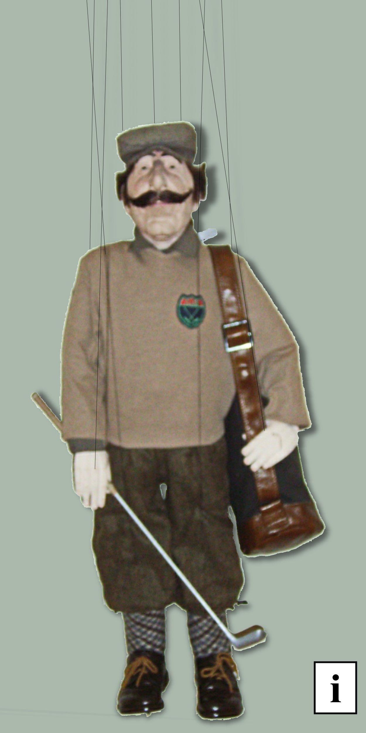 Golfer, Golfspieler
Handgefertigte Marionette ca 75cm gross (ohne Kreuz und Fäden) und 2,2kg leicht