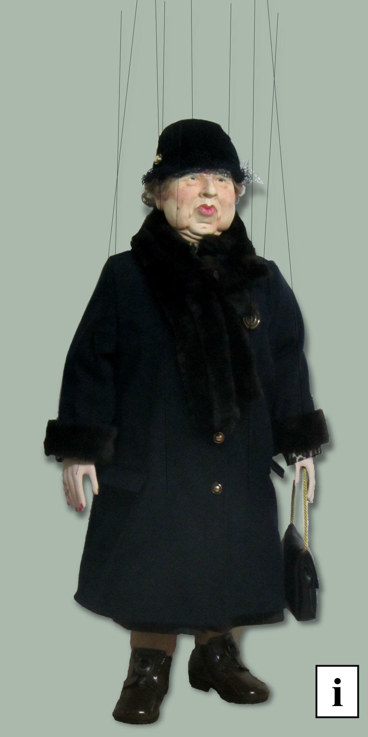 Marionette Madame Madame, dicke Dame im Mantel mit Pelz- Kragen und Manschetten
handgefertigte Marionette ca 75cm gross (ohne Kreuz und Fäden) und 2,2kg leicht