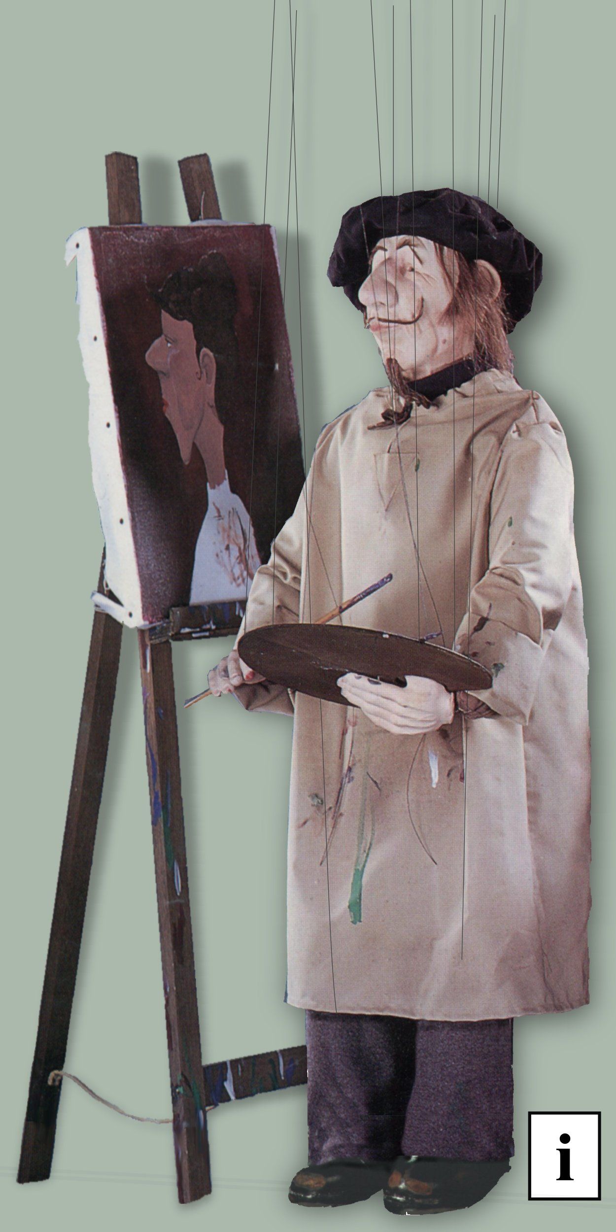 Marionette Kunstmaler Maler
Handgefertigte Marionette ca 75cm gross (ohne Kreuz und Fäden) und 2,2kg leicht