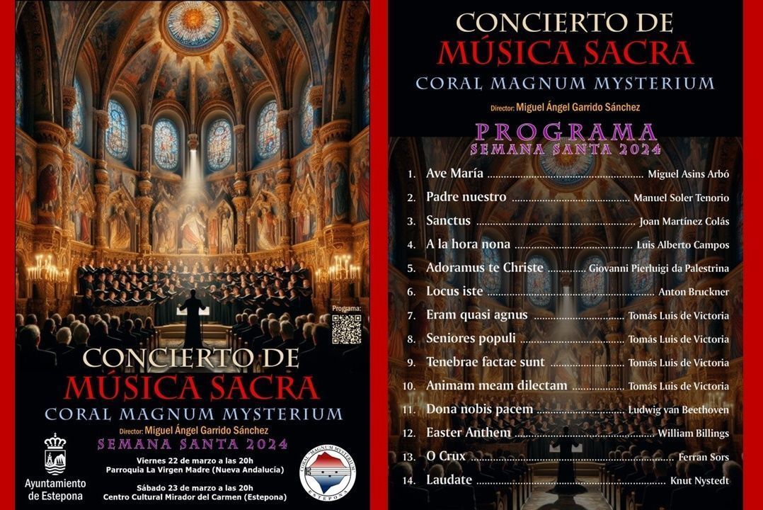 CONCIERTOS:
- Viernes 22 de marzo a las 20h en la parroquia de Nueva Andalucía
- Sábado 23 de marzo a las 20h en el Centro Cultural Mirador del Carmen de Estepona