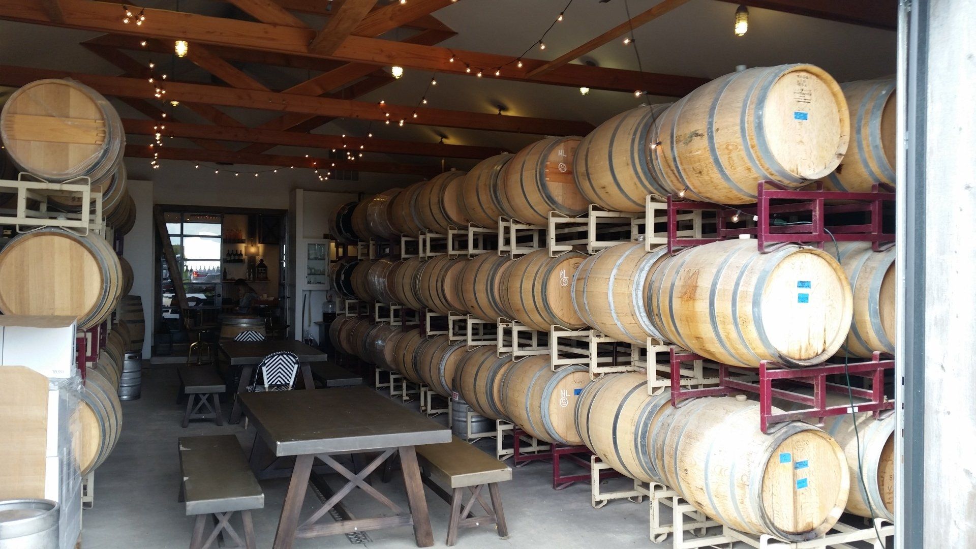 Looking inside a barrel cellar with a picnic table.