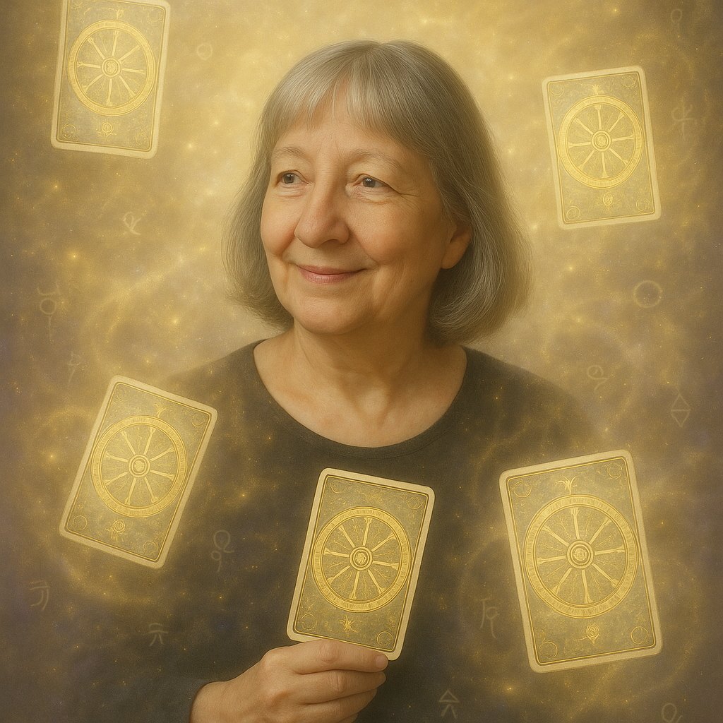 Portrait einer älteren Frau mit silbernem Haar, die ruhig und lächelnd in die Ferne blickt. In ihrer Hand hält sie die Tarotkarte 'Rad des Schicksals', während weitere Karten mit gleichem Symbol mystisch um sie kreisen. Der Hintergrund ist gold-violett leuchtend, mit feinen energetischen Symbolen und Lichtnebeln.