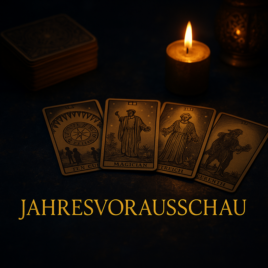 Mystisch arrangierte Tarotkarten im goldenen Kerzenschein – vier symbolische Karten liegen nebeneinander auf dunklem Untergrund, im Hintergrund ein Kartenstapel und eine leuchtende Kerze. Darunter in goldener Schrift das Wort ‚Jahresvorausschau‘