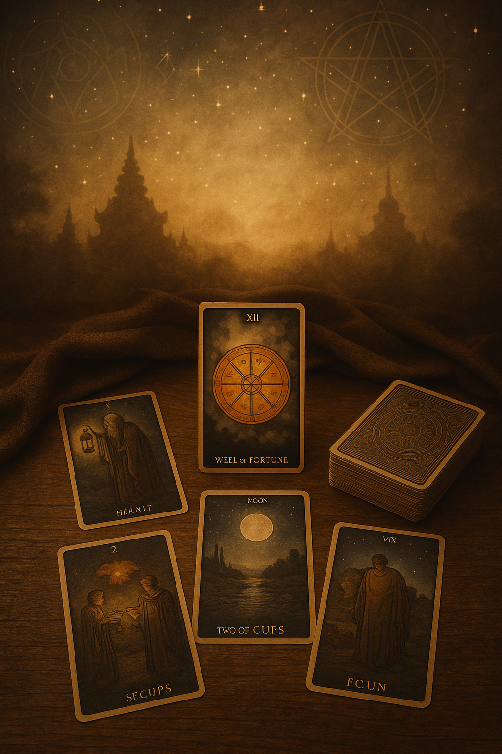 Tarotkarten im Vordergrund. Mystischer Hintergrund.