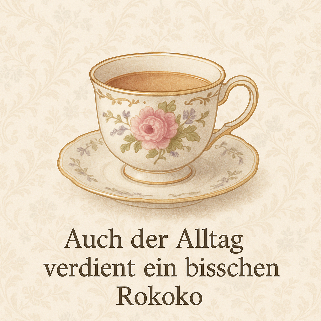 Rokoko-Tasse mit Rosenmotiv auf zartem Hintergrund, darunter der Satz „Auch der Alltag verdient ein bisschen Rokoko“.