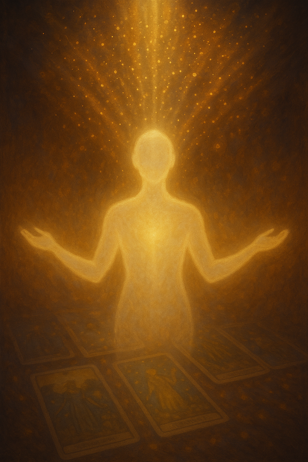 Ein lichtvolles Wessen mit ausgebreiteten Armen und Lichtfunken am Kronenchakra