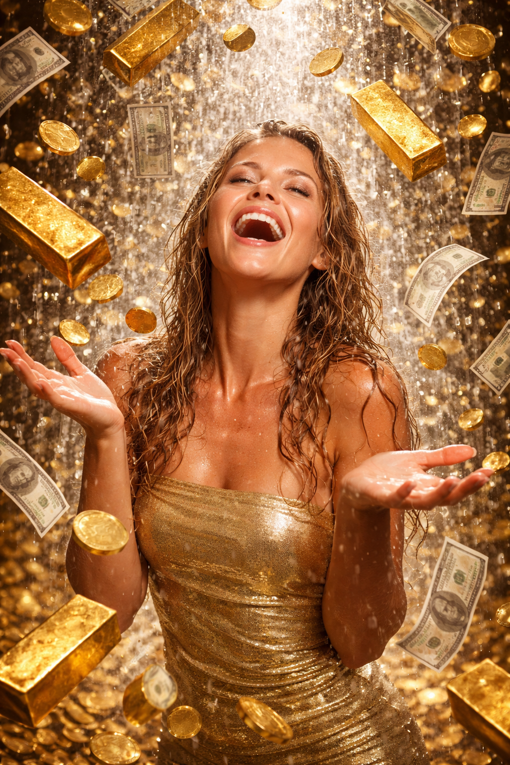 Symbolische Gelddusche aus Goldmünzen beim Manifestieren