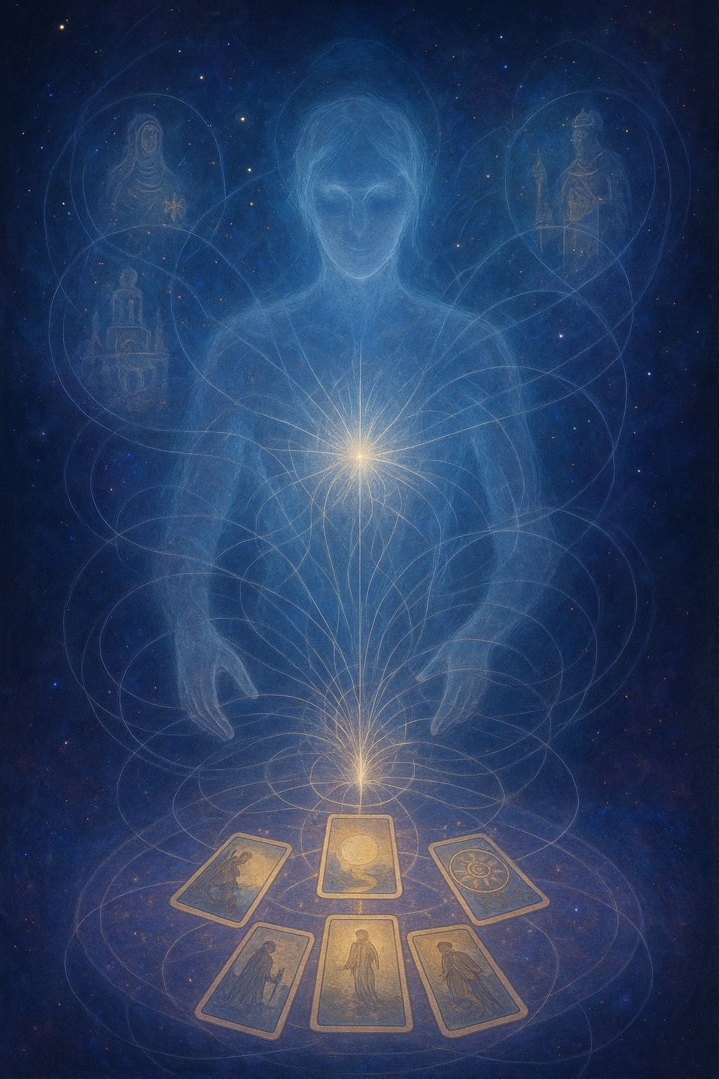 Lichtwesen mit Tarotkarten im Seelenfeld