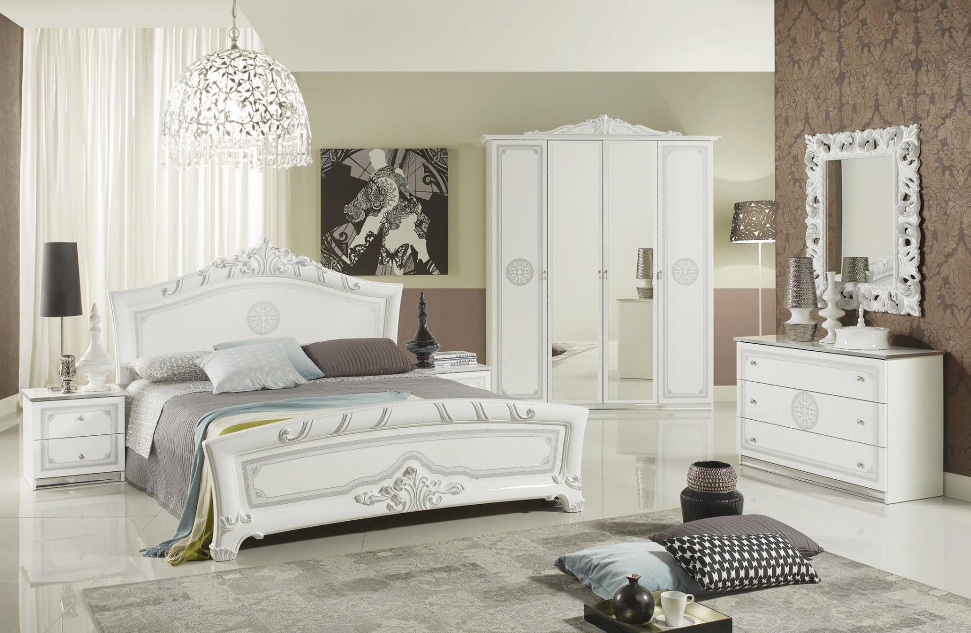 Schlafzimmer Greta Weiss Silber: Nachttisch, Bett, Kleiderschrank 4-türig, Kommode, Spiegel rechteckig