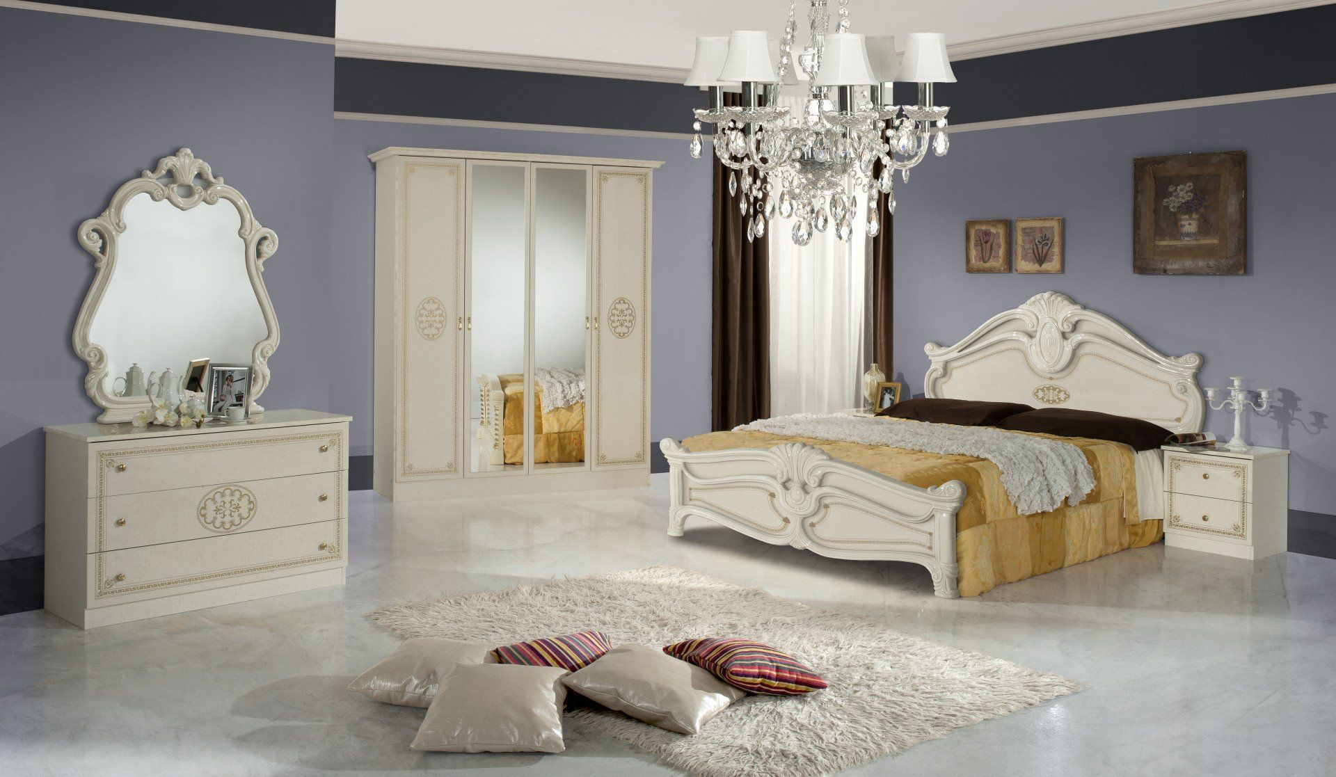 Schlafzimmer Elena Beige mit Nachttische, Bett, Kleiderschrank 4-türig, Kommode, Spiegel