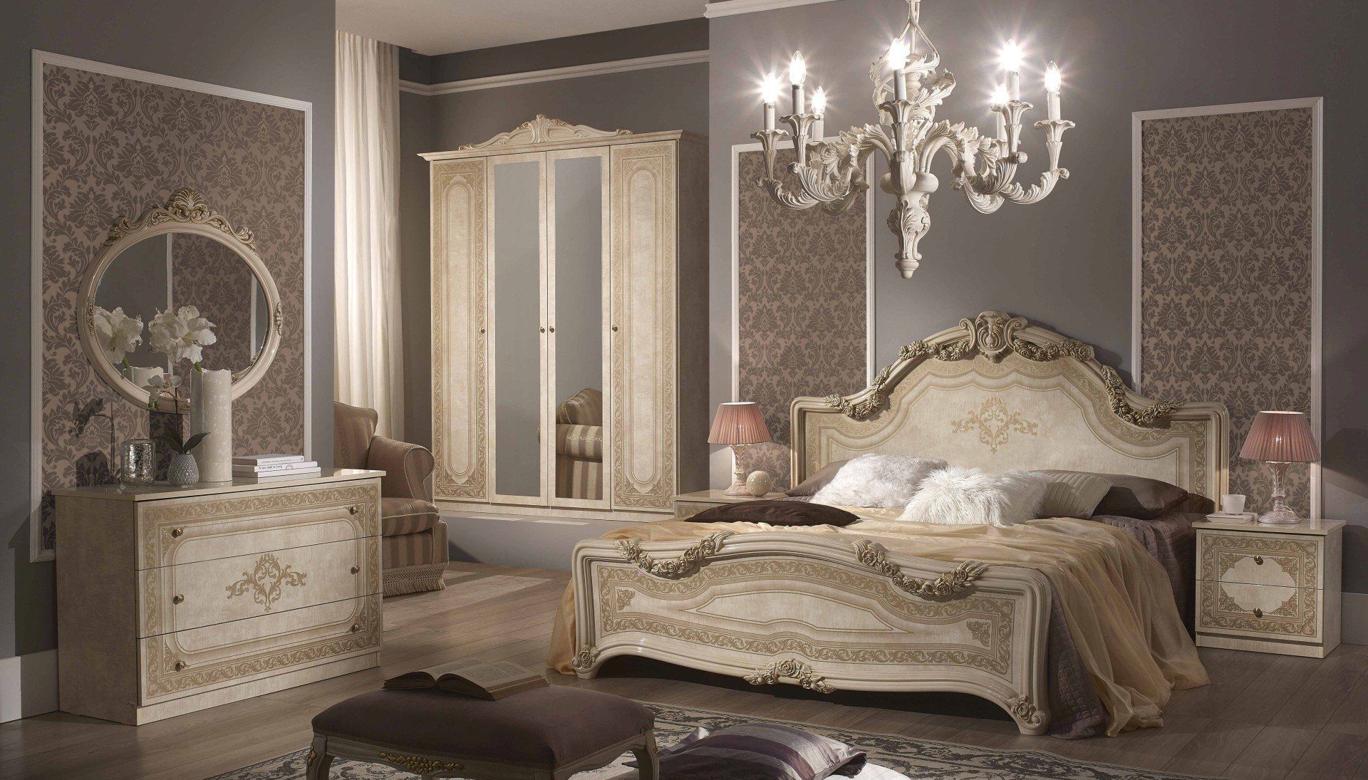 Schlafzimmer Elena Beige mit Nachttische, Bett, Kleiderschrank 4-türig, Kommode, Spiegel