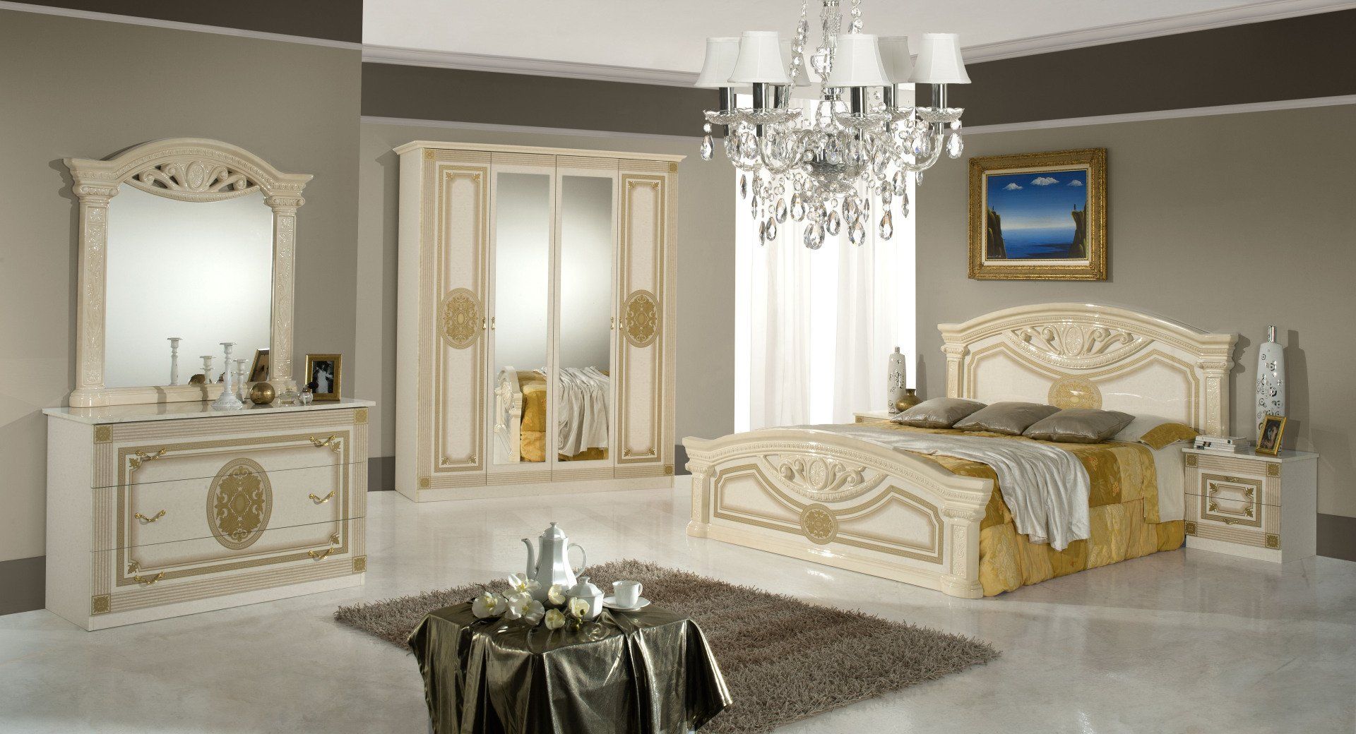 Schlafzimmer Elena Nussbaum mit Nachttische, Bett, Kleiderschrank 4-türig, Kommode, Spiegel