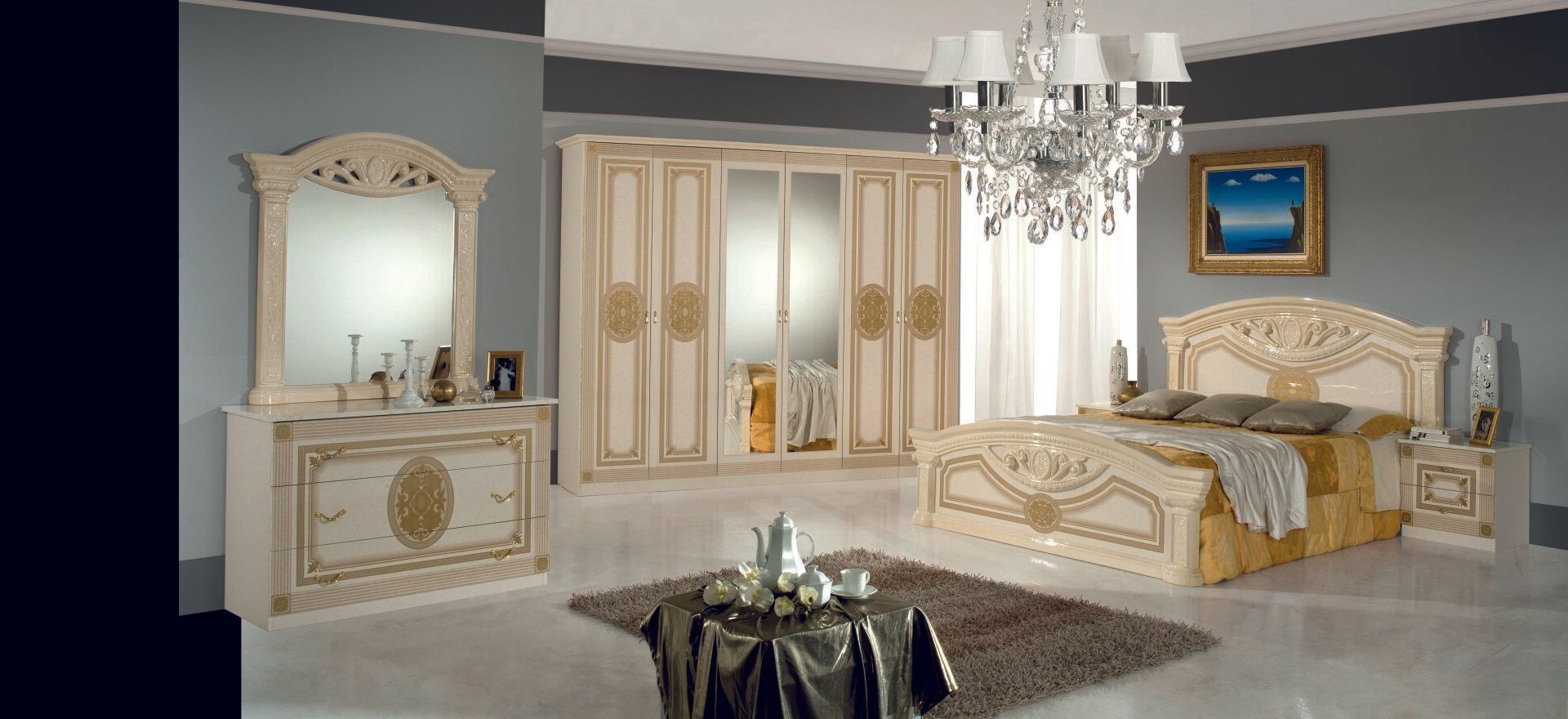 Schlafzimmer Elena Beige mit Nachttische, Bett, Kleiderschrank 4-türig, Kommode, Spiegel