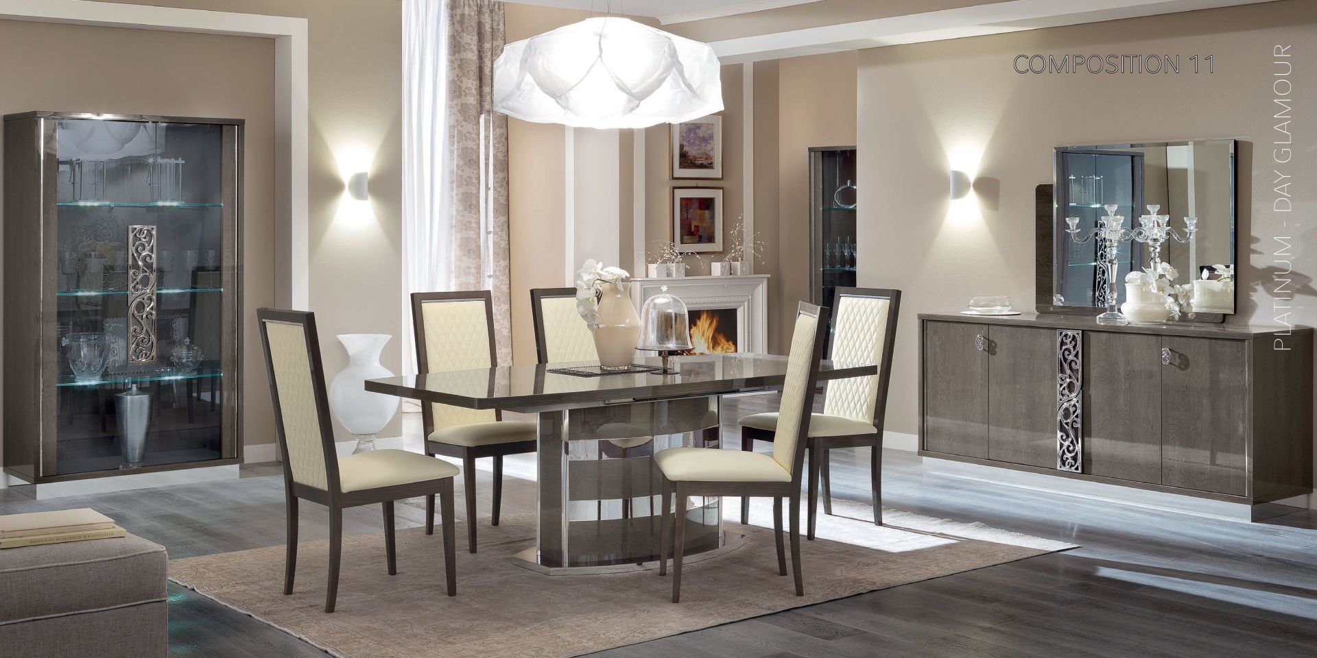Wohn- und Esszimmer Platium Silber-Birke Camel Group Esstisch Stühle Anrichte Vitrine Slim Vitrine Glamour