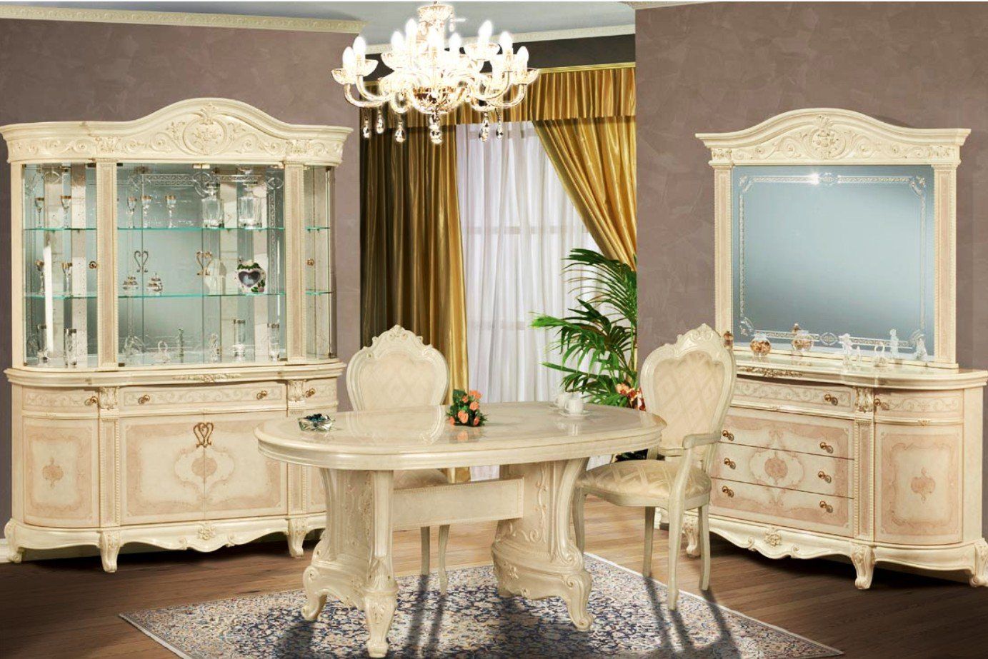 Wohn und Esszimmer Versalis Beige Vitrine 4-türig / Esstisch mit Stühlen / Anrichte 4-türig / Spiegel groß