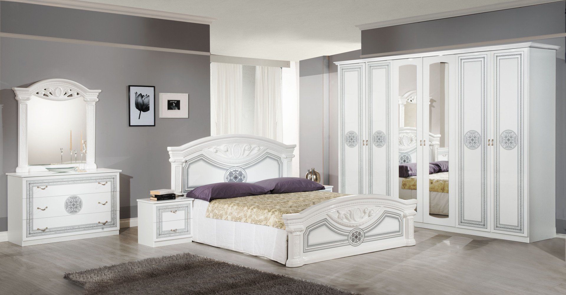 Schlafzimmer Elena Beige mit Nachttische, Bett, Kleiderschrank 4-türig, Kommode, Spiegel