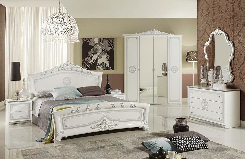 Schlafzimmer Greta Weiss Silber: Nachttisch, Bett, Kleiderschrank 4-türig, Kommode, Spiegel rechteckig