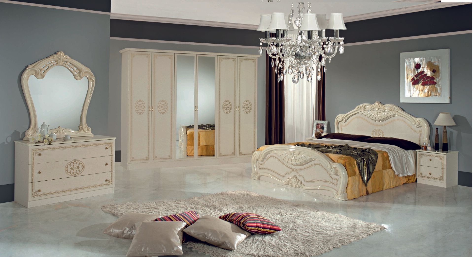 Schlafzimmer Elena Beige mit Nachttische, Bett, Kleiderschrank 4-türig, Kommode, Spiegel