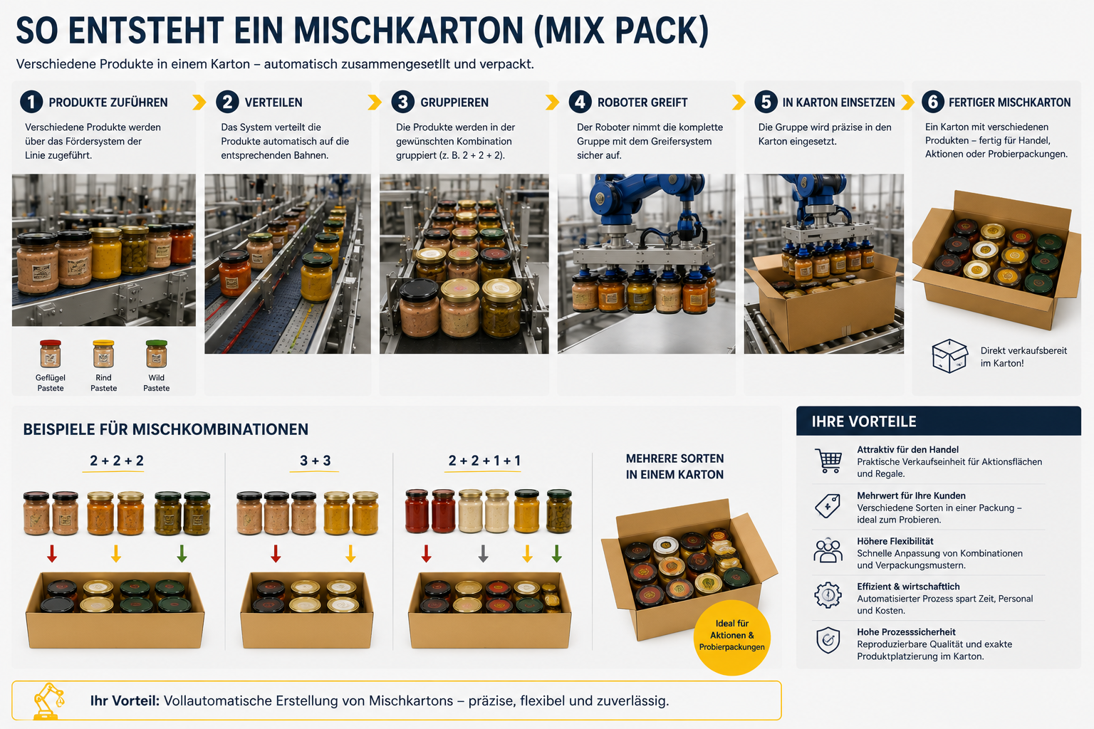 So entstehen Mix-kartons mit dem Roboter - Verpackungsanlage in Aktion