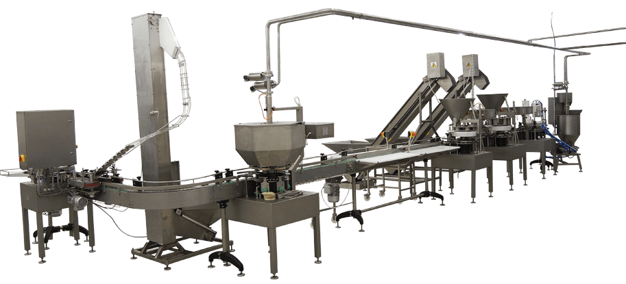 Abfüllanlage Konservengläser, Modulare Abfülllinie, Modulare Abfülllinie, Abfüllanlage Konservengläser, Gemüse, Obst, Abfüllmaschine für Flüssigkeiten, stückige Güter, Verdeckler