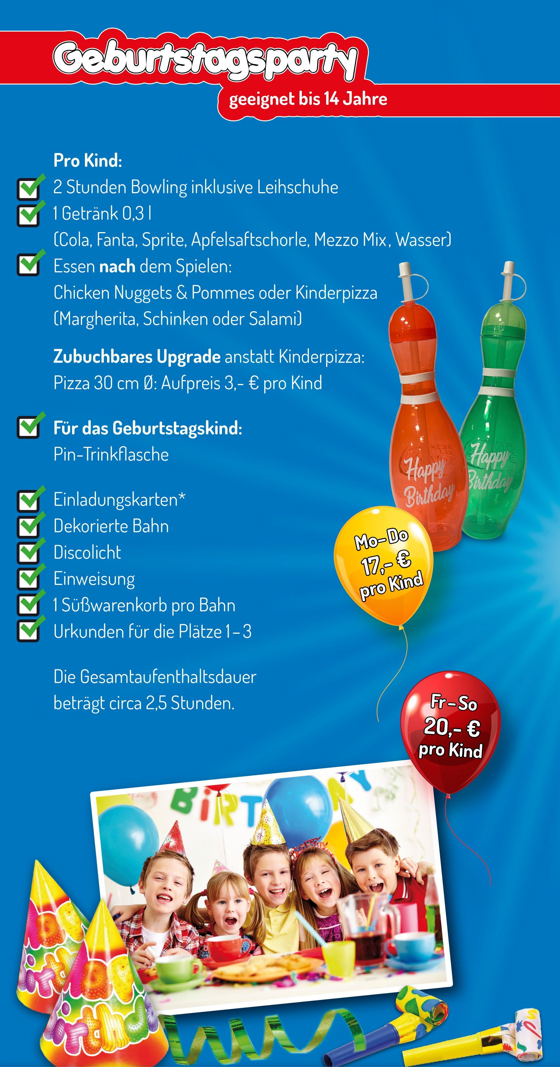 Geburtstagsparty geeignet bis 14 Jahre. Auf dem Bild stehen alle Angebotsangaben. Diese sind auch im PDF-Flyer enthalten, der weiter unten heruntergeladen werden kann.
