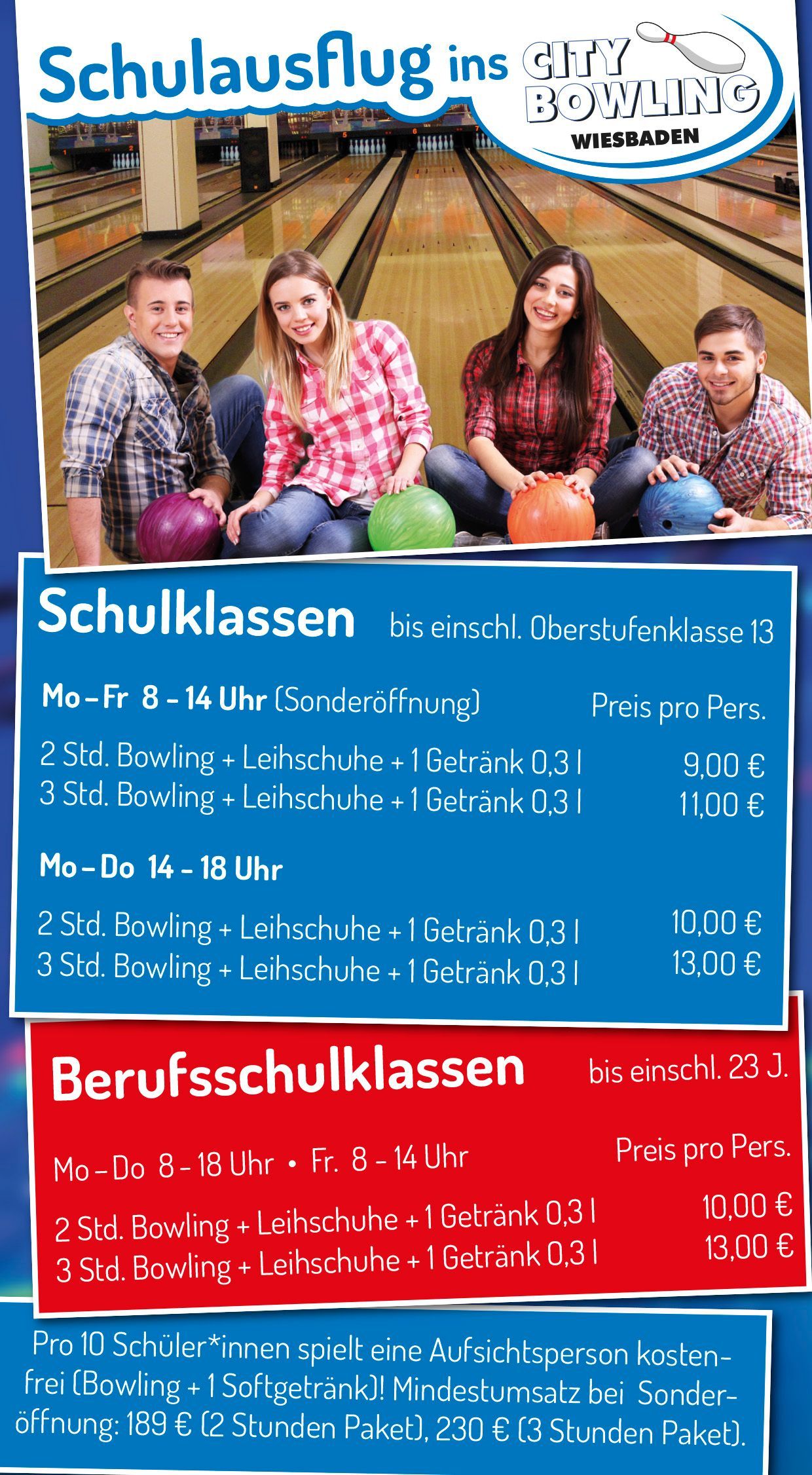 Schulausflug ins City Bowling Wiesbaden Angebote für Schulklassen bis einschließlich Oberstufenklasse 13 und Angebote für Berufsschulklassen bis einschließlich 23 Jahre.