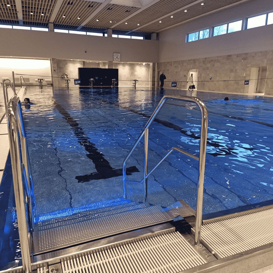 Standort Leipheim Modernes, großes Schwimmerbecken im Gartenhallenbad Leipheim mit Edelstahltreppe und Startblöcken.
