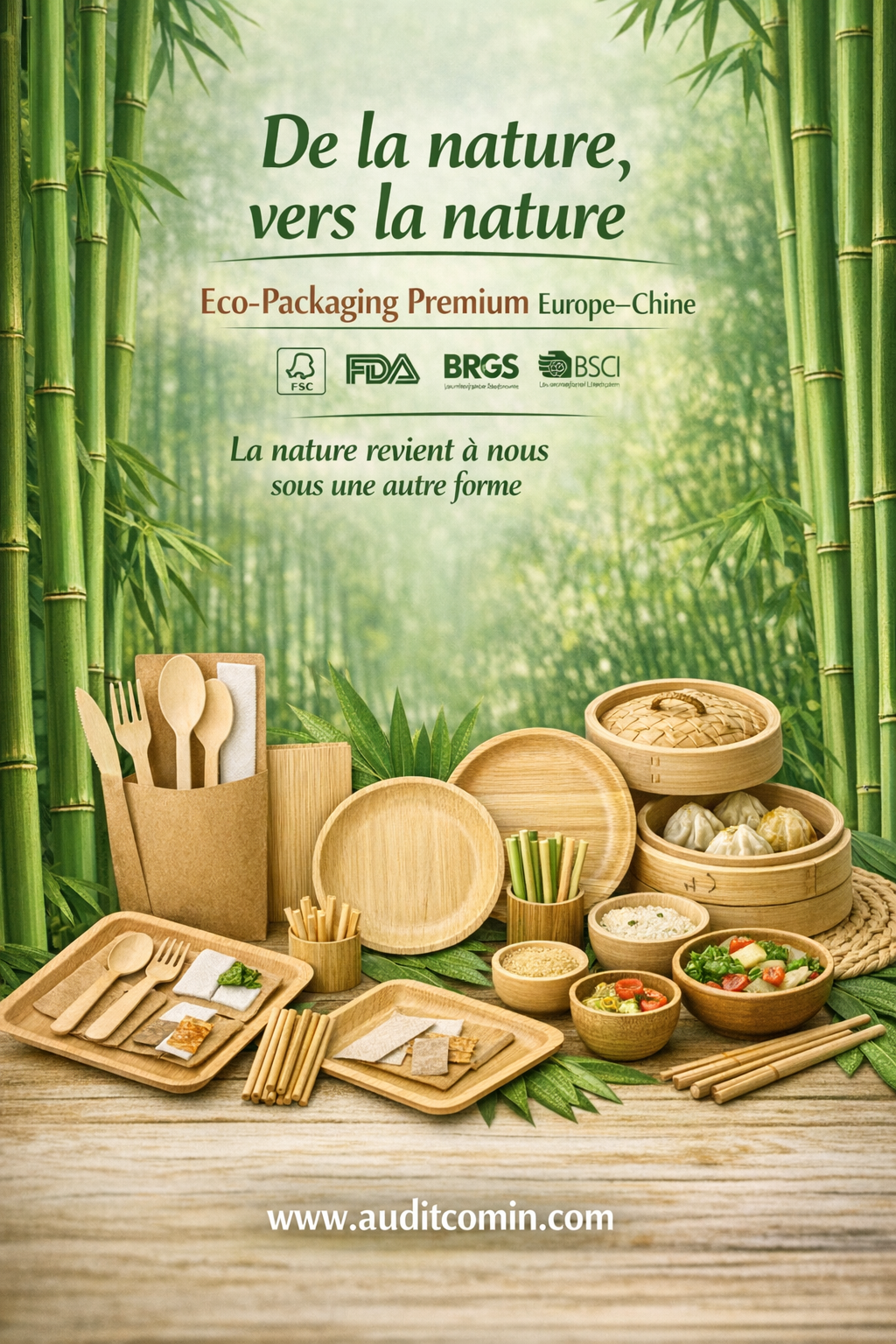 Solutions en bambou naturel certifiées FSC, FDA, BRGS et BSCI : couverts, assiettes, pailles, steamers et accessoires fabriqués en Chine pour les marques européennes. Auditcomin