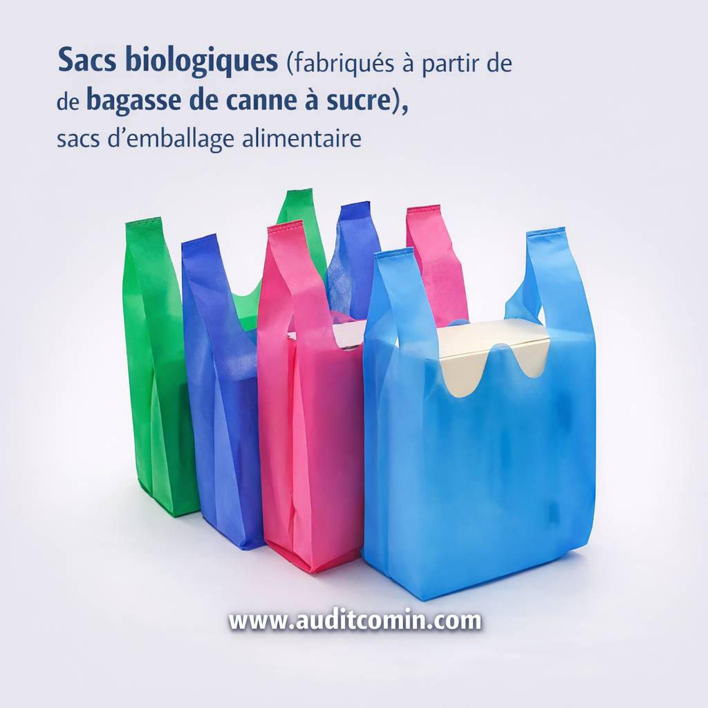 Sacs biologiques en bagasse de canne à sucre, biodégradables et fabriqués en Chine pour l’emballage alimentaire. Auditcomin