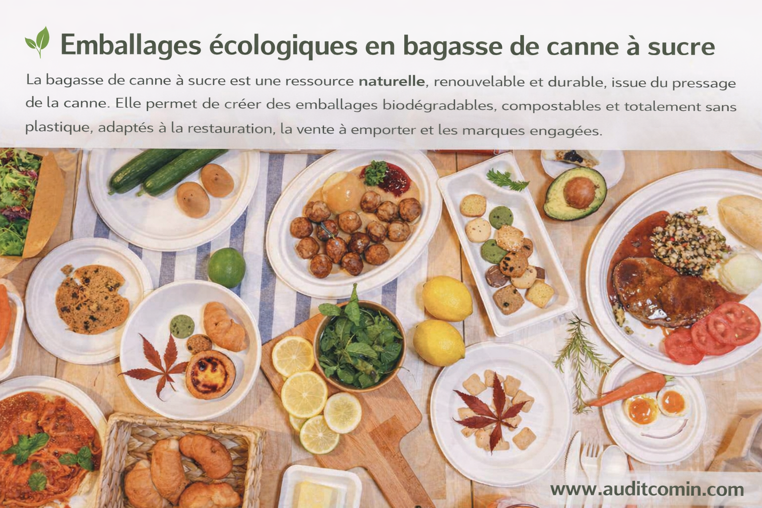 Emballages écologiques en bagasse de canne à sucre : solutions biodégradables, compostables et sans plastique pour la restauration et la vente à emporter. Auditcomin