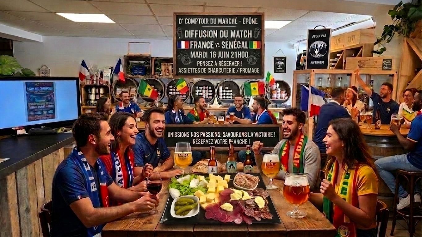 Coupe du Monde 2026 – 1er match de l’Équipe de France à O’Comptoir du Marché Assiettes charcuterie & fromage à réserver 1er match de l’Équipe de France – Coupe du Monde 2026 • O’Comptoir du Marché, 2 Place du Marché (78680 Épône) • Assiettes charcuterie & fromage à réserver.