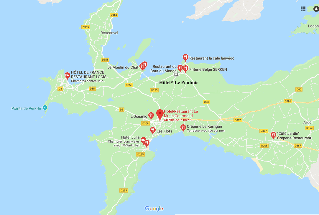 Plan restaurants de la Presqu'île de Crozon - Hôtel Le Poulmic - Presqu'île de Crozon - GR 34