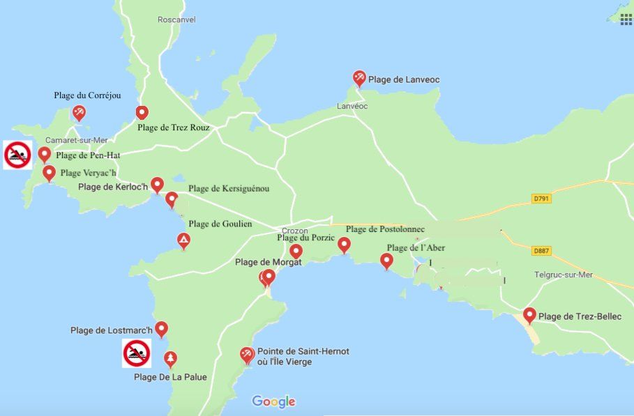 Carte des plages Presqu'île de Crozon - Hôtel Le Poulmic