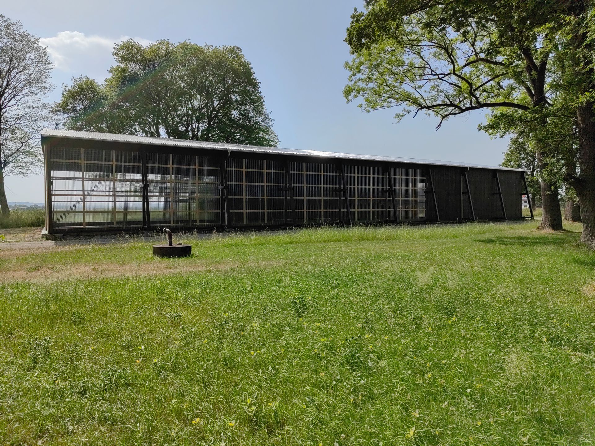 Seitenansicht der freistehenden Halle mit neuer Außenhaut in dunklem Holz, gebaut im Raum München