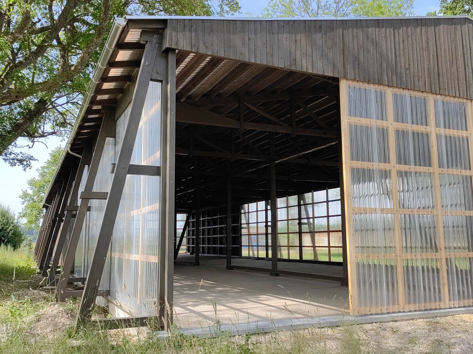 Südseite der sanierten Halle mit strukturierter Holzverkleidung und großzügigen Fensterflächen im Chiemgau