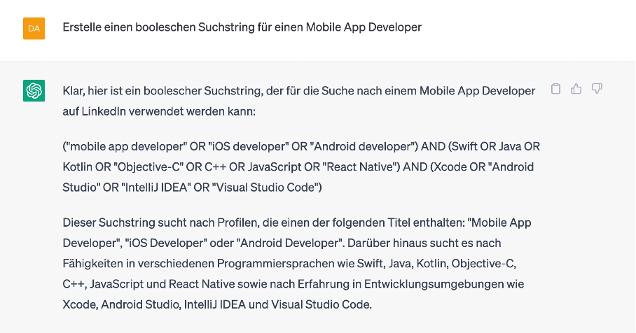 Bild zeigt booleschen Suchstring in ChatGPT