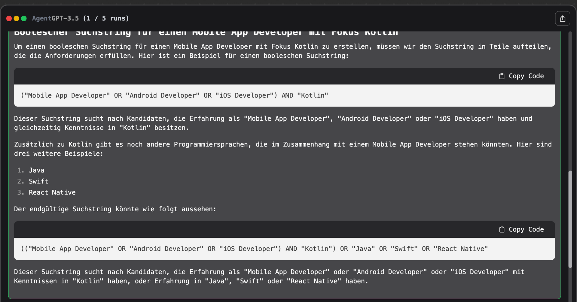 Ergebnis Mobile App Developer boolesche Suchkette fürs Active Sourcing