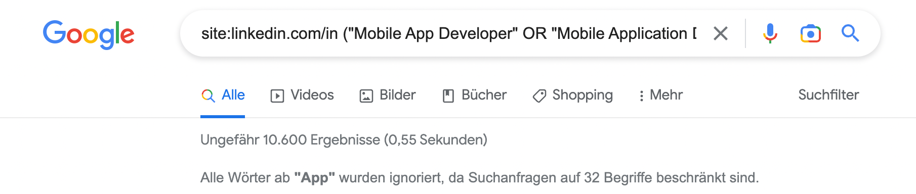 X-Ray Suche boolescher Suchstring mit App Developer