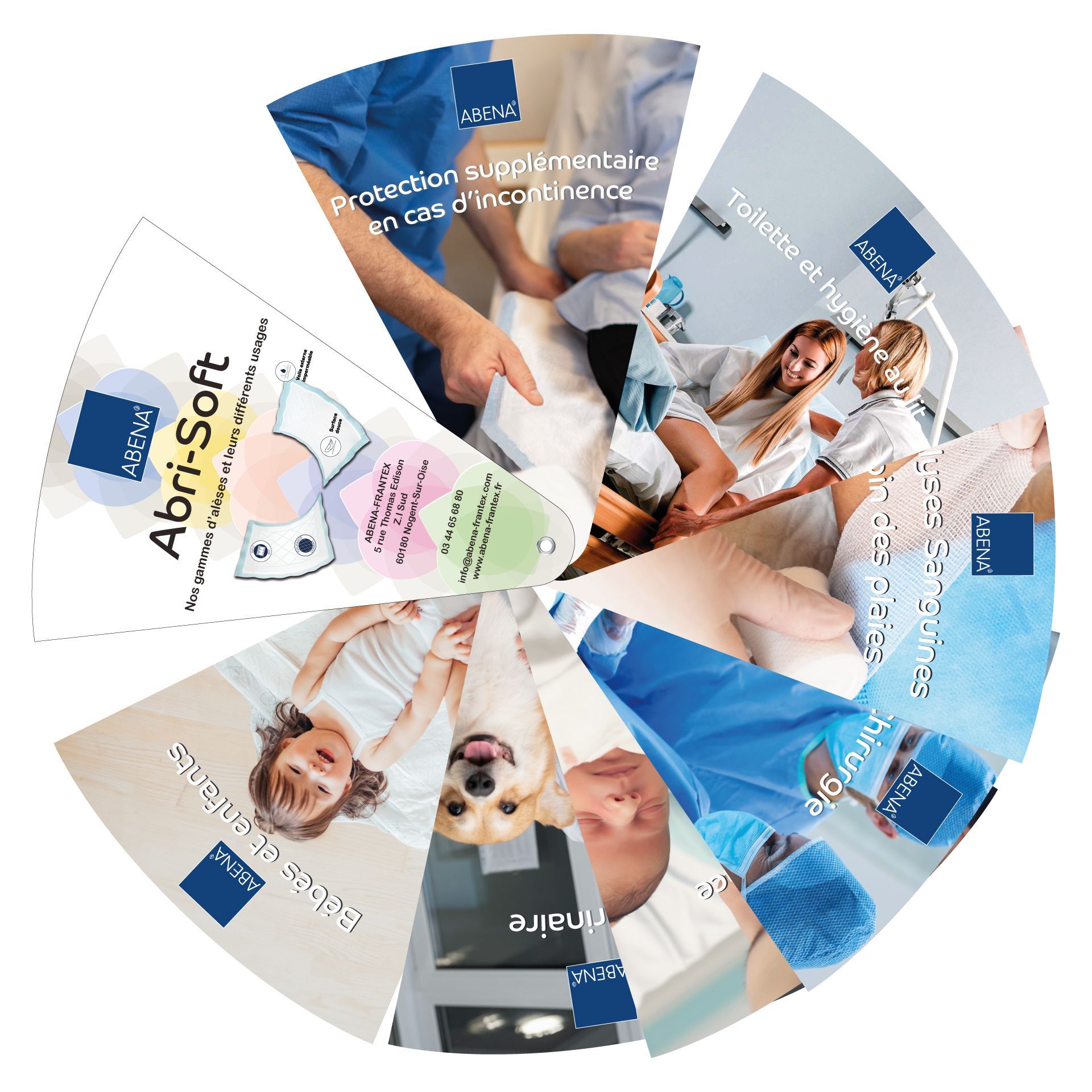 Éventail publicitaire personnalisé en carton pliable recyclable - matériel soins médicaux Abri Soft déplié