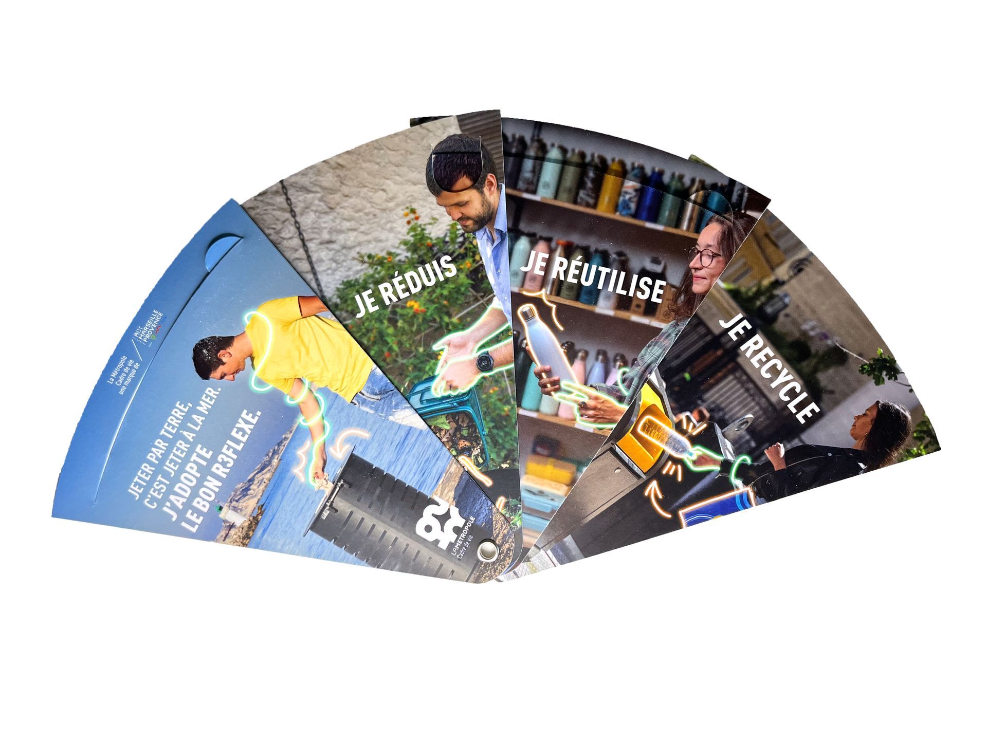 Éventail publicitaire personnalisé en carton pliable et recyclable - écologie tri des déchets Marseille
