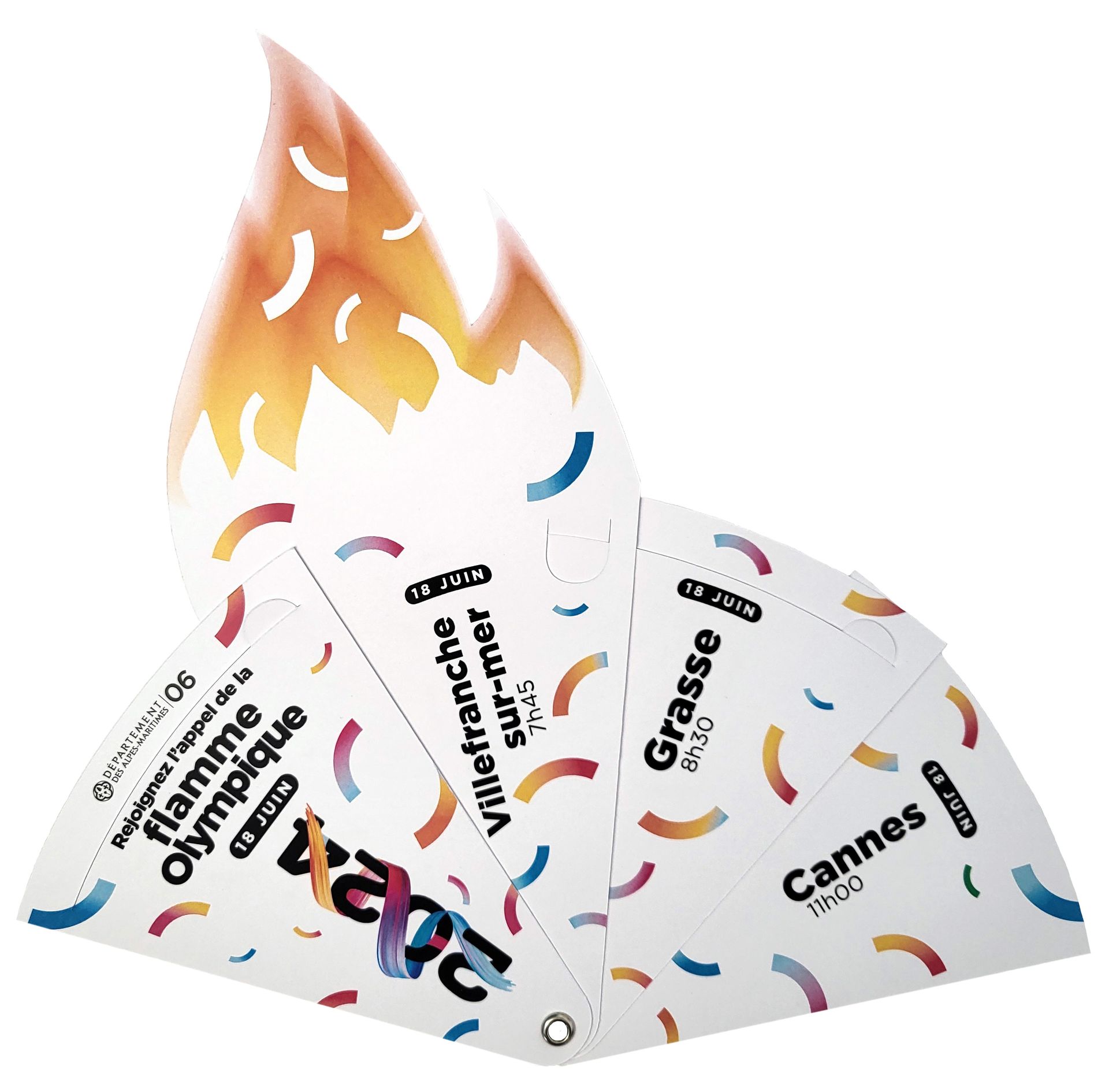 Éventail publicitaire personnalisé en carton pliable recyclable - Sport Olympique Flamme département 06 déplié