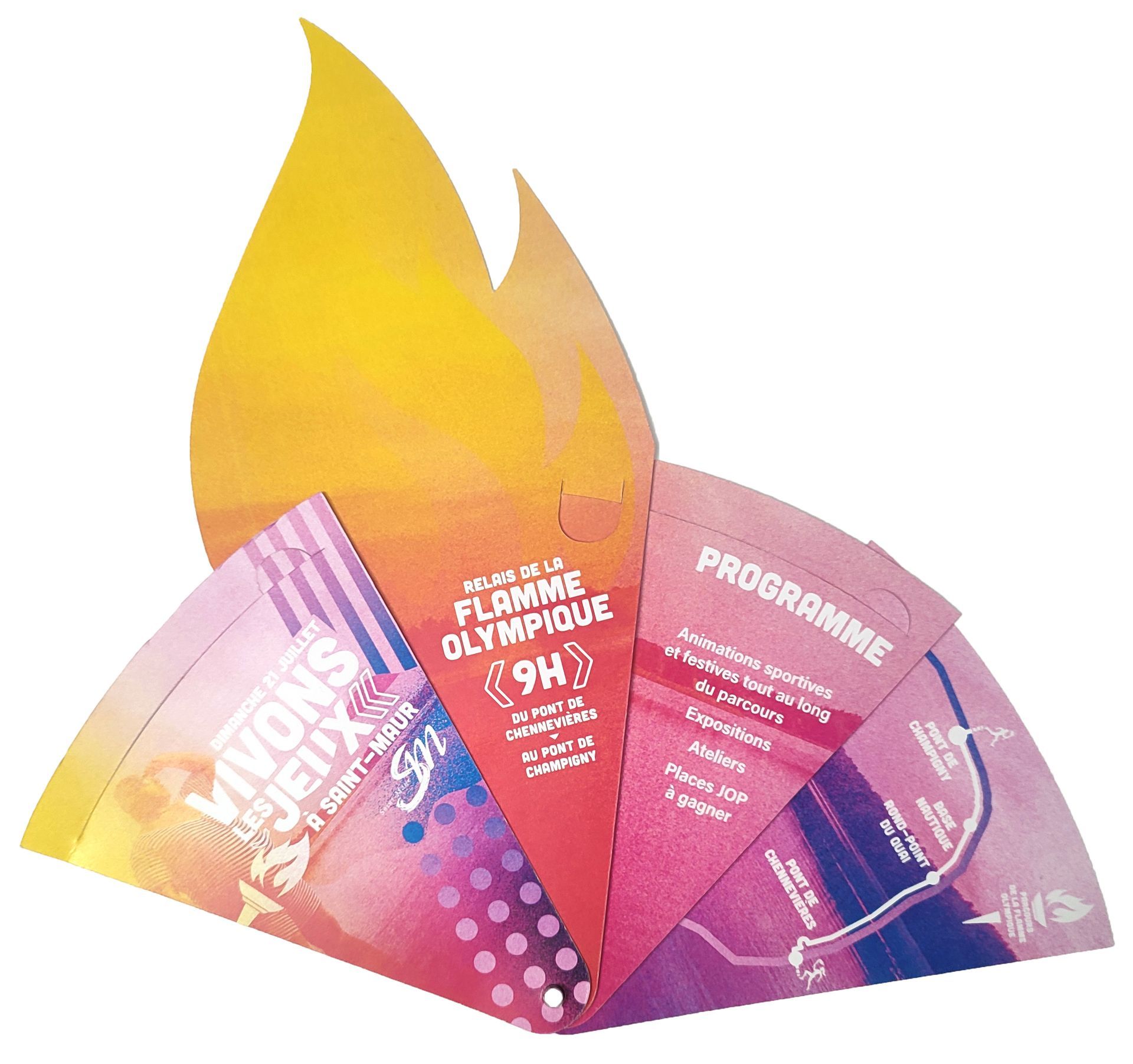 Éventail publicitaire personnalisé en carton pliable recyclable - Sport Olympique Flamme Saint Maur des Fossés déplié